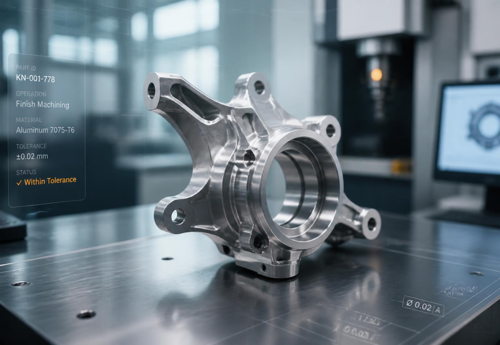Machined automotive component on an inspection table in a manufacturing quality lab